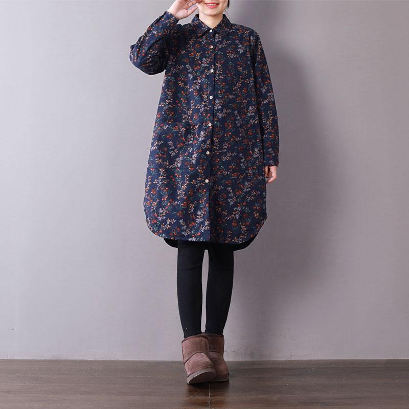 top quality blue floral spring shirt dresses plus size clothing knee thick dress Turn-down Collar clothing Button shirt dresses - Omychic