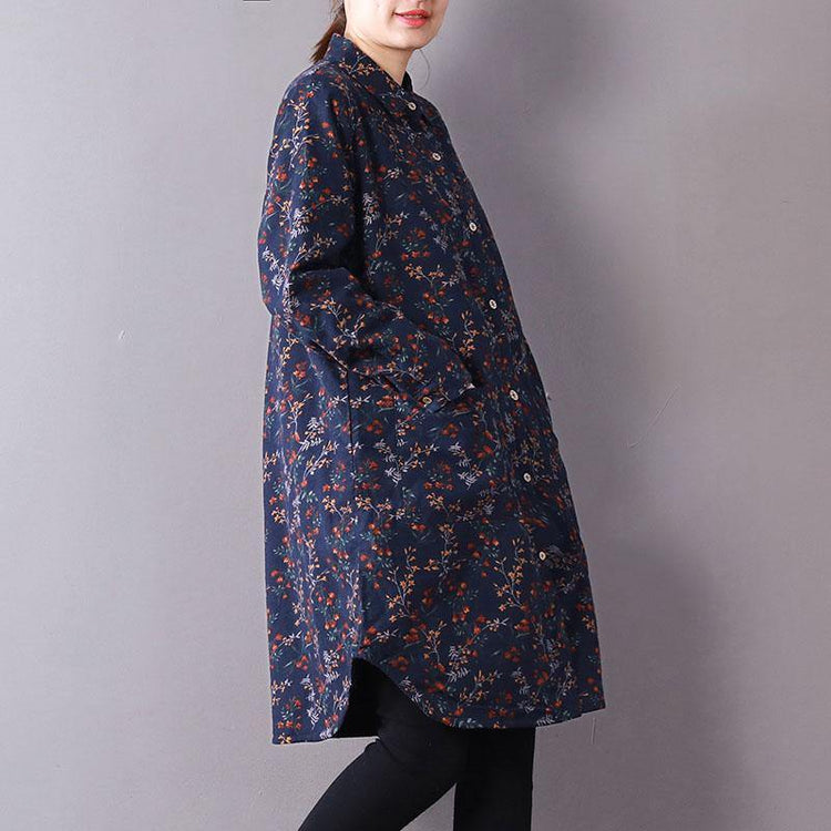 top quality blue floral spring shirt dresses plus size clothing knee thick dress Turn-down Collar clothing Button shirt dresses - Omychic
