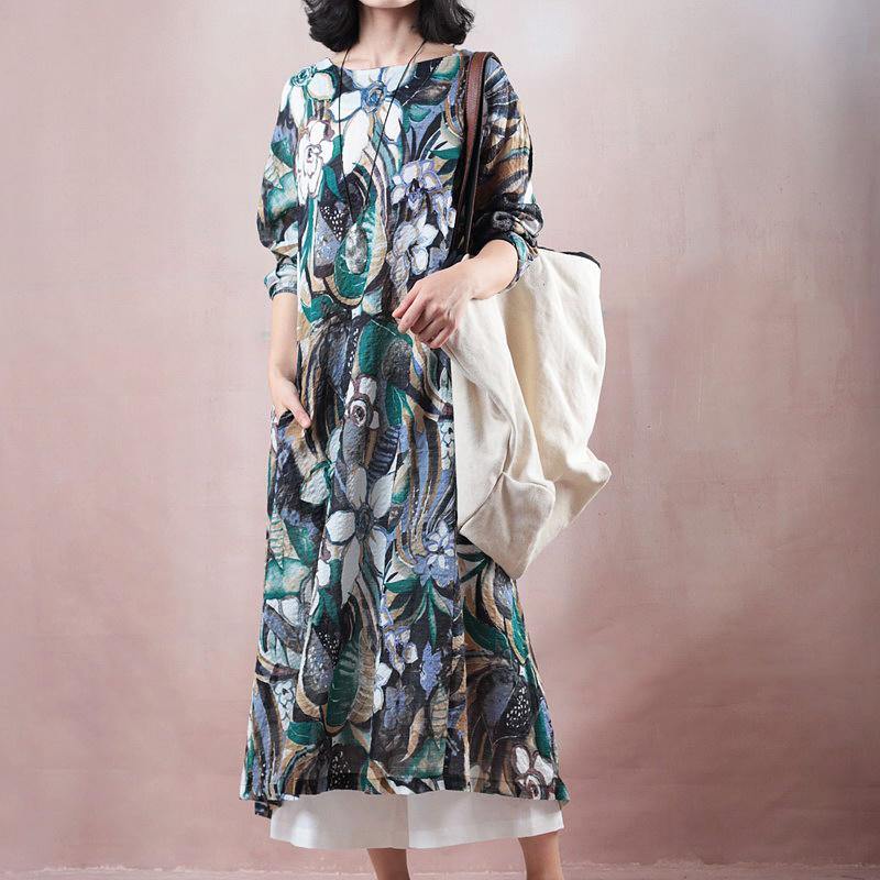 top quality blue floralnatural linen dress  plussize long sleeve linen maxi dress boutique o neck caftans - Omychic