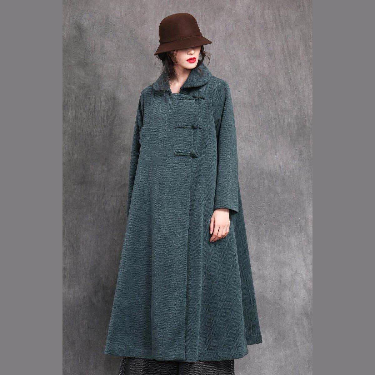 top quality blue green woolen overcoat plus size Square Collar Chinese Button Winter coat - Omychic
