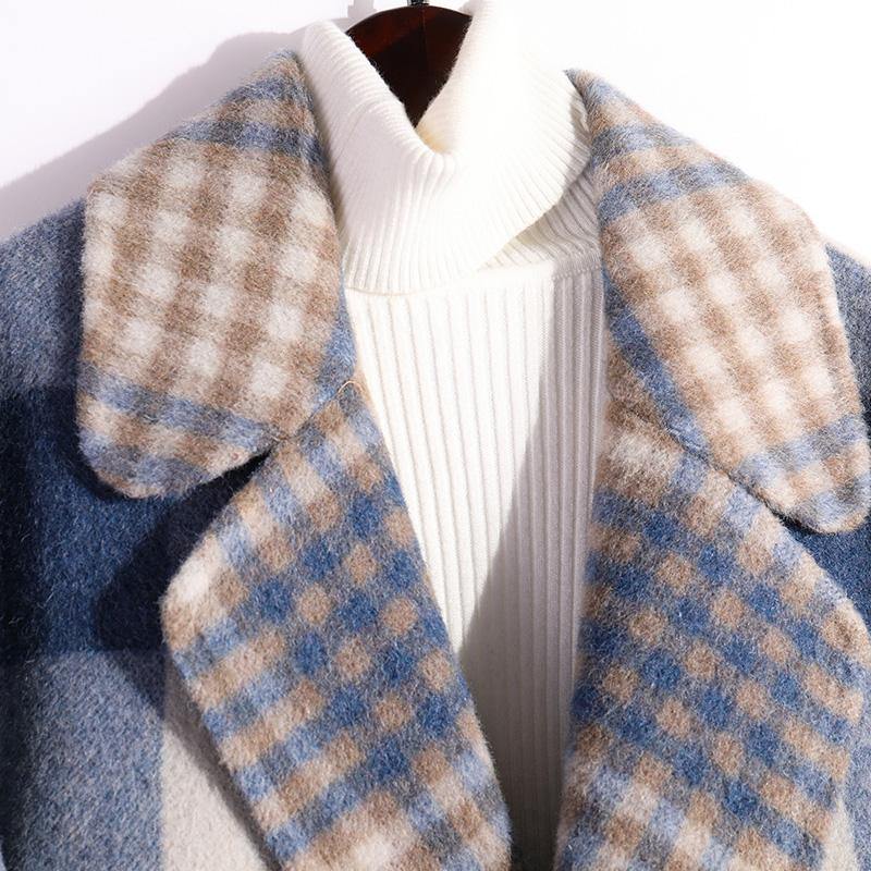 top quality blue plaid Woolen Coats plus size clothing Winter coat fall coat double breast - Omychic