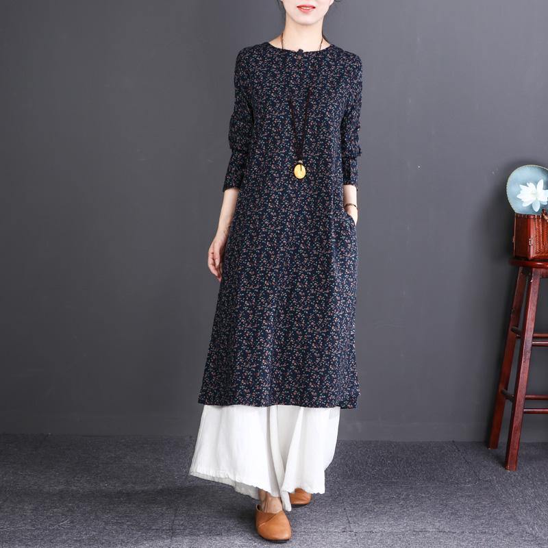 top quality blue print cotton caftans trendy plus size Stand cotton clothing dresses New long sleeve baggy dresses - Omychic