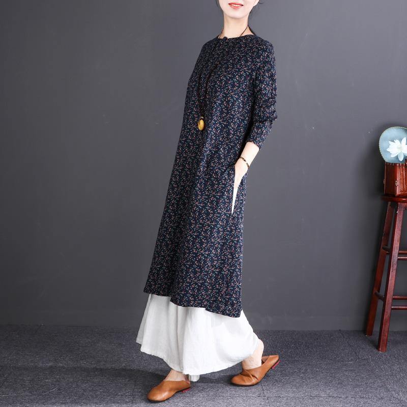 top quality blue print cotton caftans trendy plus size Stand cotton clothing dresses New long sleeve baggy dresses - Omychic