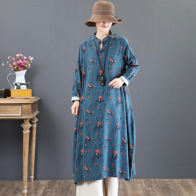 top quality blue prints fall dress plus size stand collar traveling dress women Chinese Button gown - Omychic