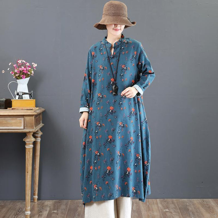 top quality blue prints fall dress plus size stand collar traveling dress women Chinese Button gown - Omychic