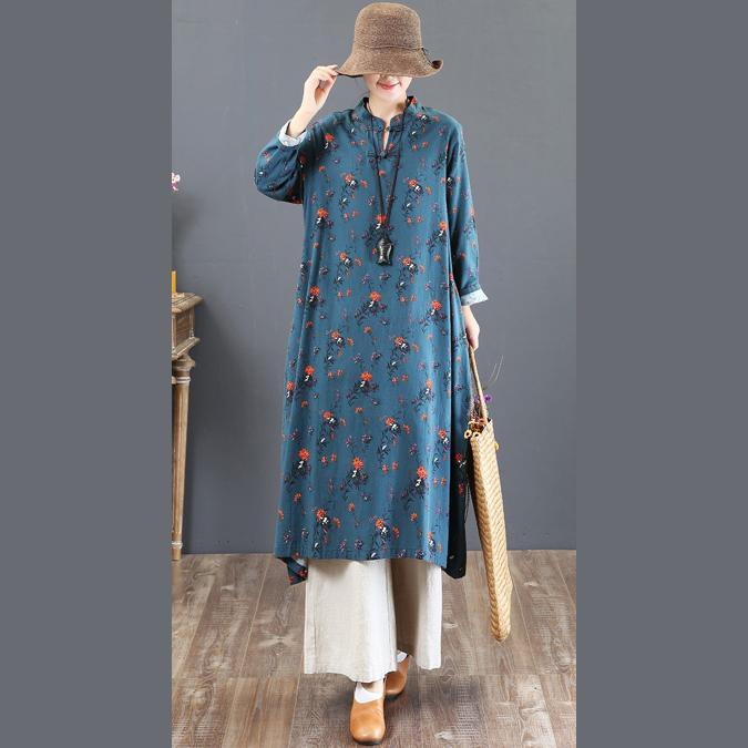 top quality blue prints fall dress plus size stand collar traveling dress women Chinese Button gown - Omychic