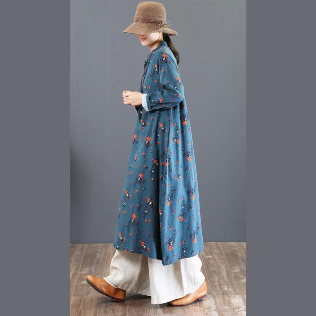 top quality blue prints fall dress plus size stand collar traveling dress women Chinese Button gown - Omychic
