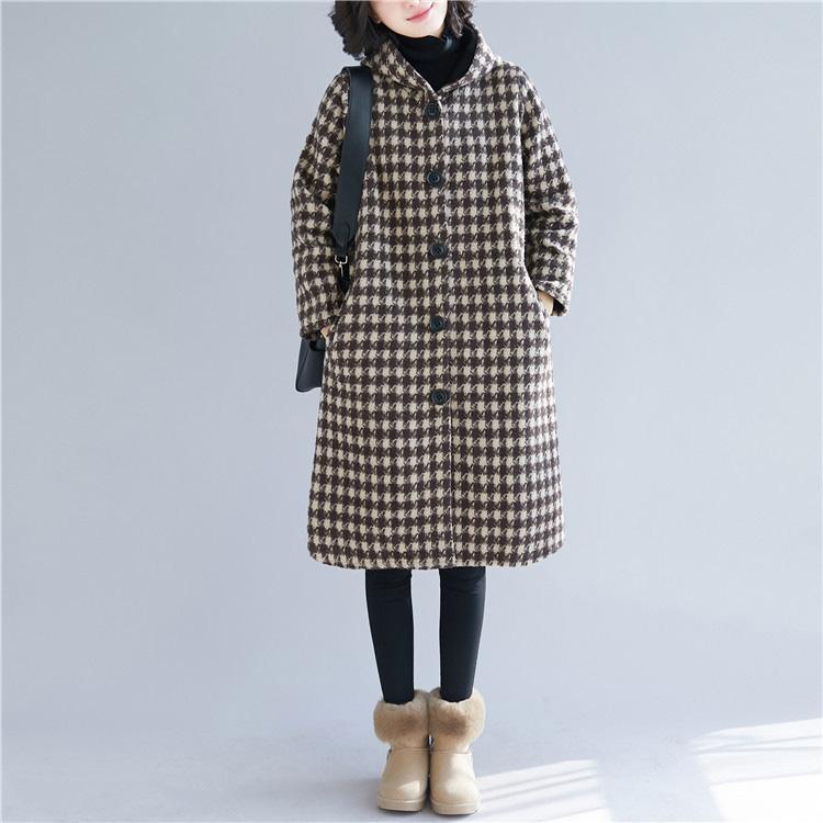 top quality brown Plaid Woolen Coats oversized hooded Coats - Omychic