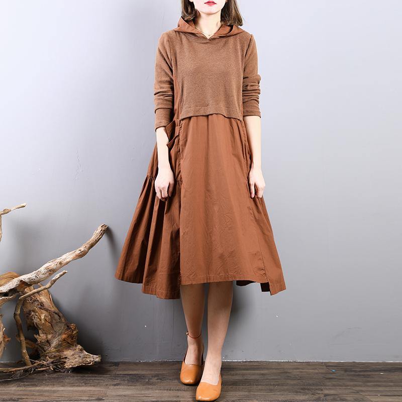 top quality brown pure cotton dress Loose fitting autumn shirt dress hooded vintage patchwork autumn dress - Omychic