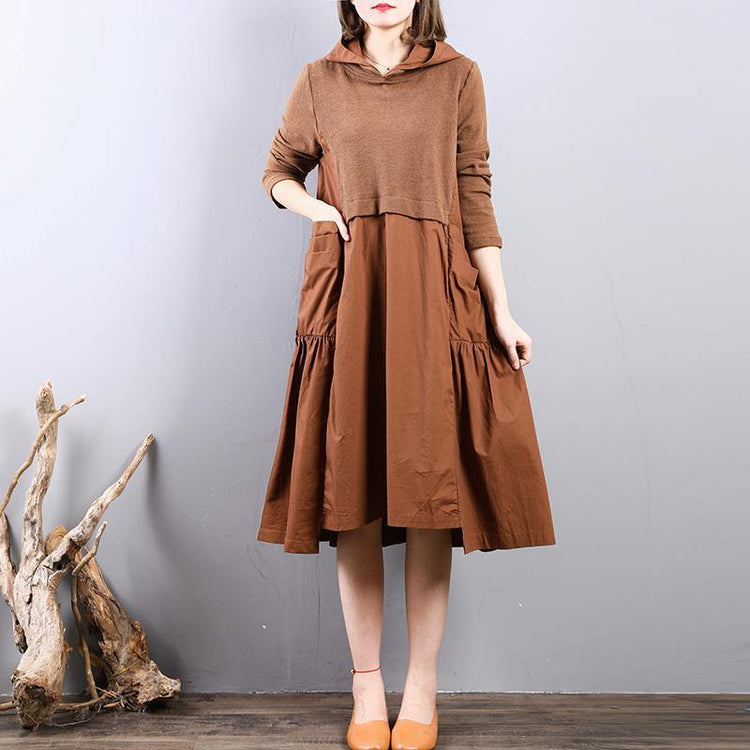 top quality brown pure cotton dress Loose fitting autumn shirt dress hooded vintage patchwork autumn dress - Omychic