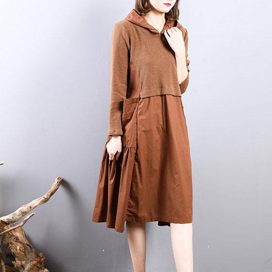 top quality brown pure cotton dress Loose fitting autumn shirt dress hooded vintage patchwork autumn dress - Omychic