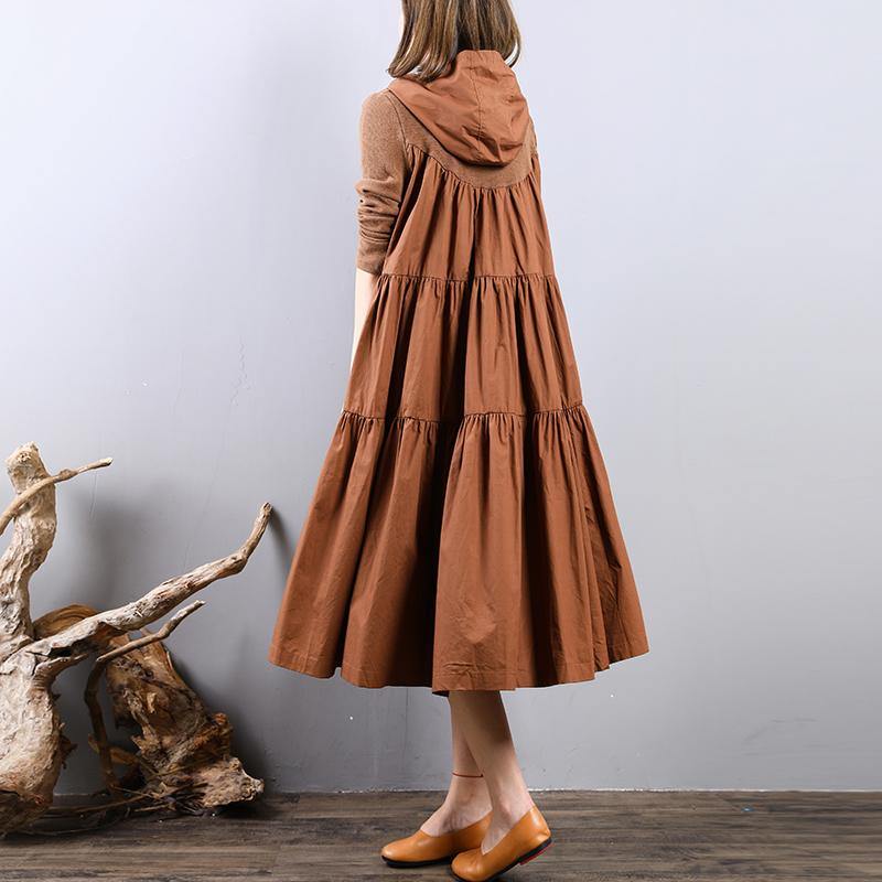 top quality brown pure cotton dress Loose fitting autumn shirt dress hooded vintage patchwork autumn dress - Omychic
