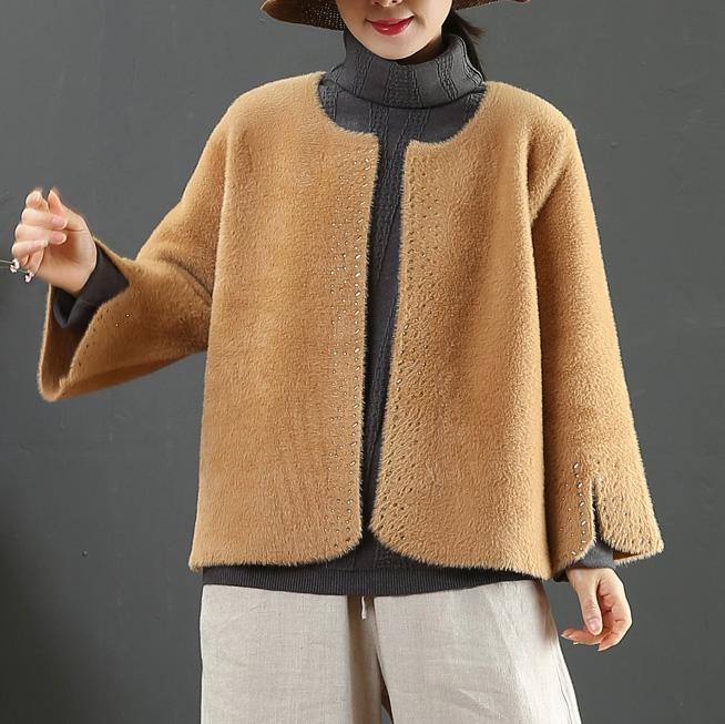 top quality brown woolen outwear Loose fitting medium length coat side open sleeve winter outwear - Omychic