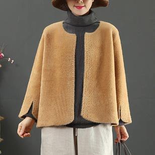 top quality brown woolen outwear Loose fitting medium length coat side open sleeve winter outwear - Omychic