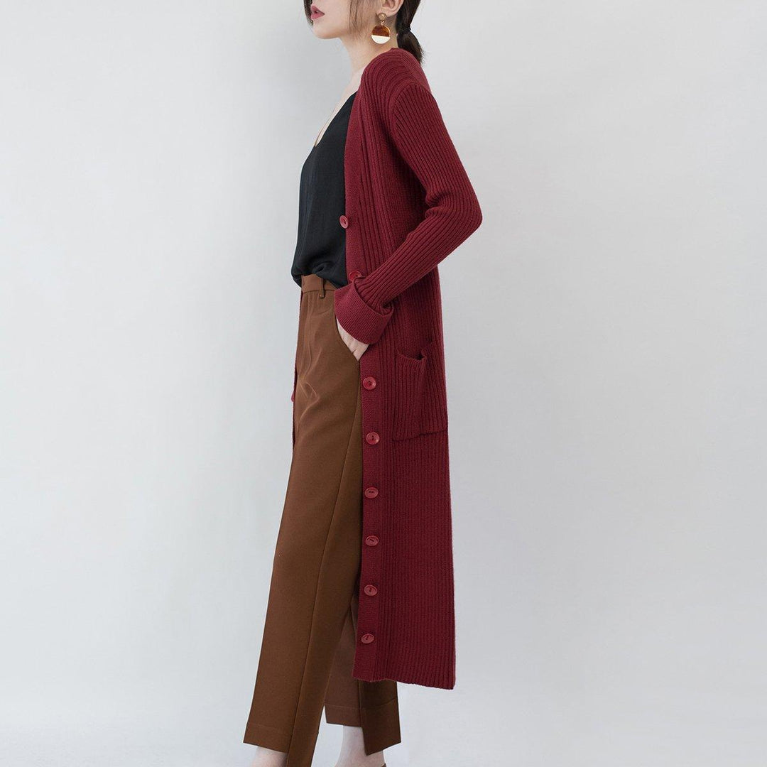 top quality burgundy knit coat casual V neck slim Wool Coat top quality pockets knitted cardigan long jackets - Omychic