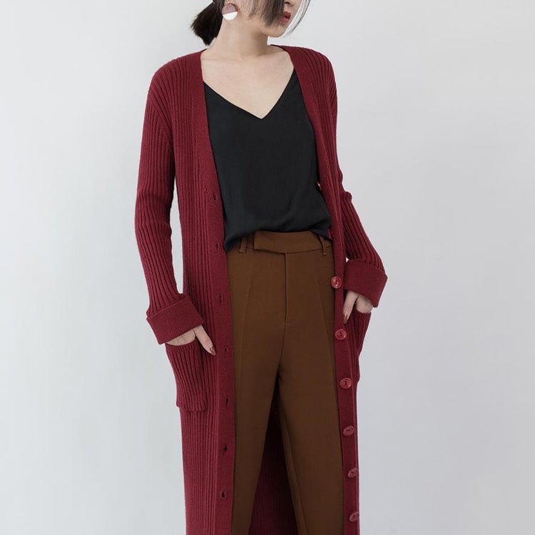 top quality burgundy knit coat casual V neck slim Wool Coat top quality pockets knitted cardigan long jackets - Omychic