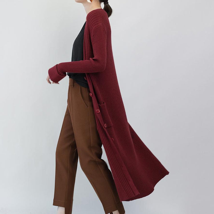 top quality burgundy knit coat casual V neck slim Wool Coat top quality pockets knitted cardigan long jackets - Omychic