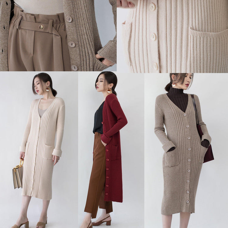 top quality burgundy knit coat casual V neck slim Wool Coat top quality pockets knitted cardigan long jackets - Omychic