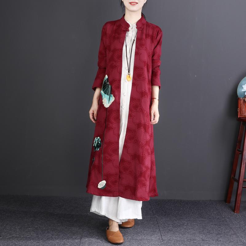 top quality burgundy embroidery cotton linen maxi trench coat plus size Stand traveling clothing New long sleeve cardigans - Omychic