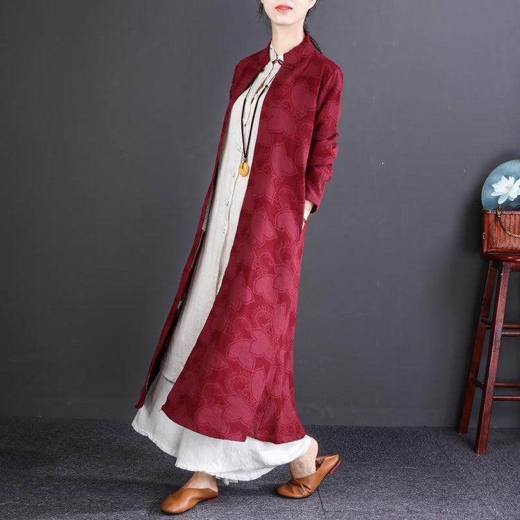 top quality burgundy embroidery cotton linen maxi trench coat plus size Stand traveling clothing New long sleeve cardigans - Omychic