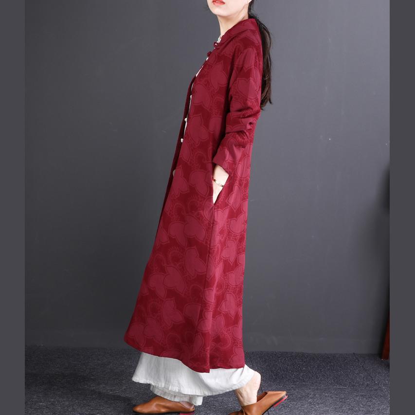 top quality burgundy embroidery cotton linen maxi trench coat plus size Stand traveling clothing New long sleeve cardigans - Omychic