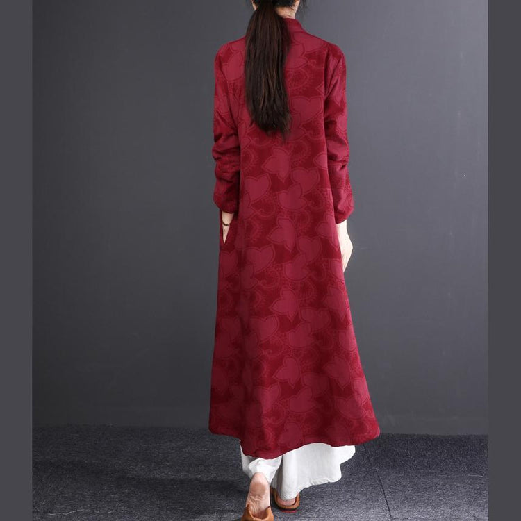 top quality burgundy embroidery cotton linen maxi trench coat plus size Stand traveling clothing New long sleeve cardigans - Omychic