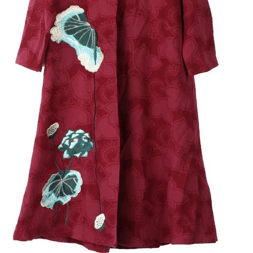 top quality burgundy embroidery cotton linen maxi trench coat plus size Stand traveling clothing New long sleeve cardigans - Omychic