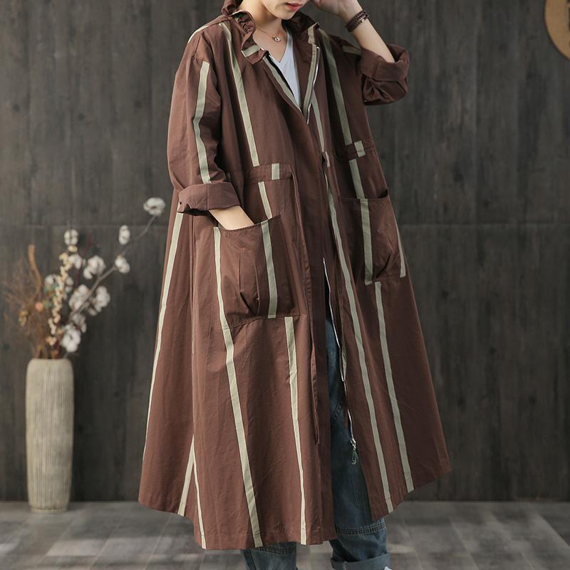 top quality chocolate striped coats plus size trench coat fall zippered pockets - Omychic
