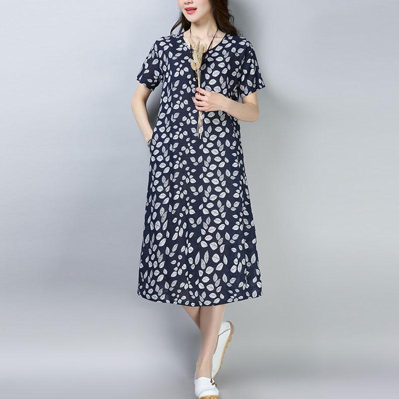 top quality cotton blended knee dress plus size clothing Women Casual Printed Short Sleeve Navy Blue Dress - Omychic