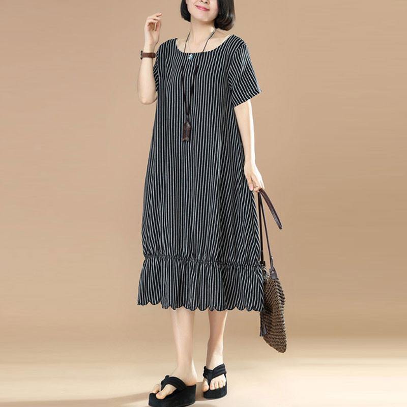 top quality cotton blended maxi dress plus size Black And White Stripes Round Neck Short Sleeve Pocket Loose Women Dress - Omychic