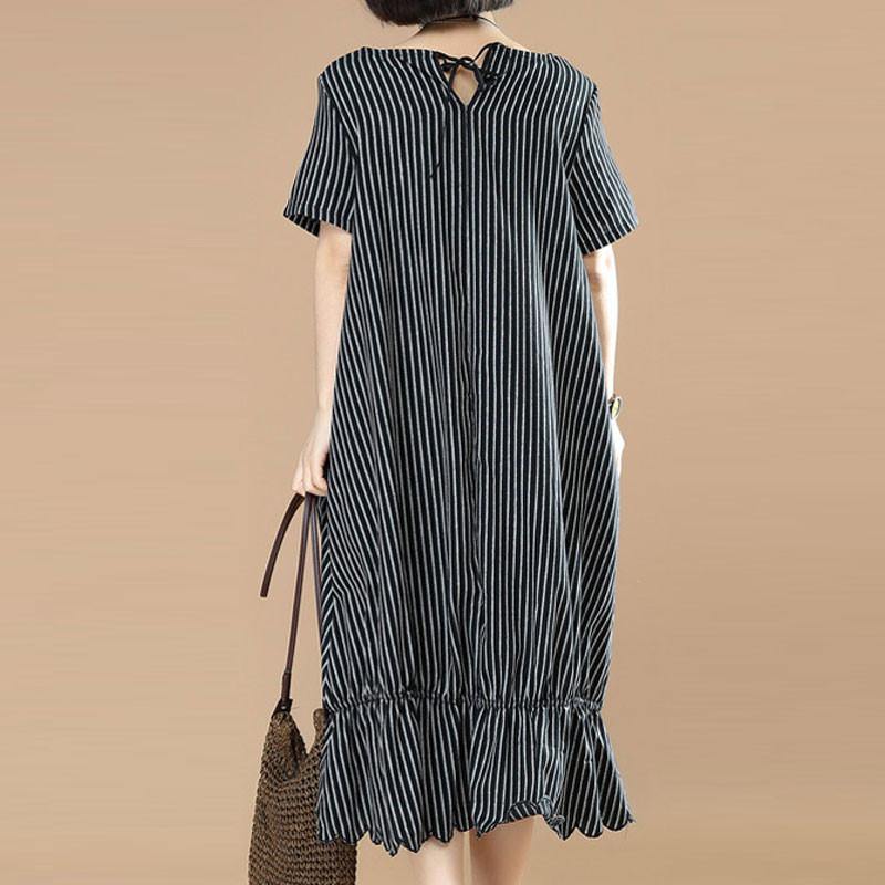 top quality cotton blended maxi dress plus size Black And White Stripes Round Neck Short Sleeve Pocket Loose Women Dress - Omychic