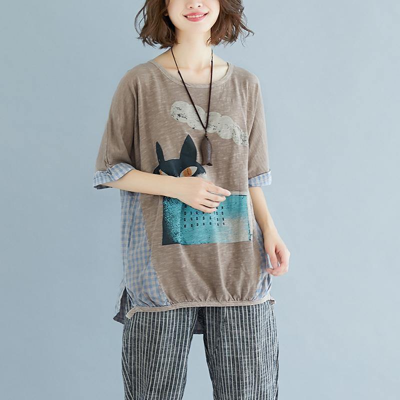 top quality cotton blouses plus size clothing Summer Plaid Short Sleeve High-low Hem Blouse - Omychic