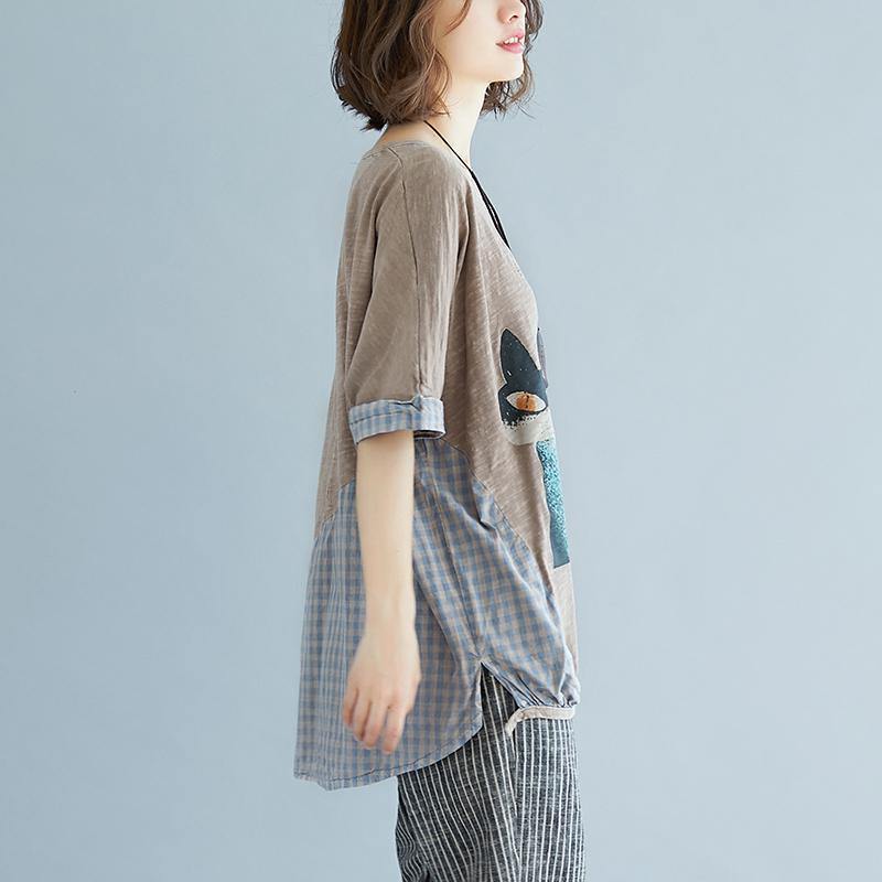 top quality cotton blouses plus size clothing Summer Plaid Short Sleeve High-low Hem Blouse - Omychic