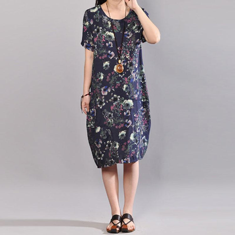 top quality cotton dress oversize Women Summer Short Sleeve Printed Round Neck Dress - Omychic