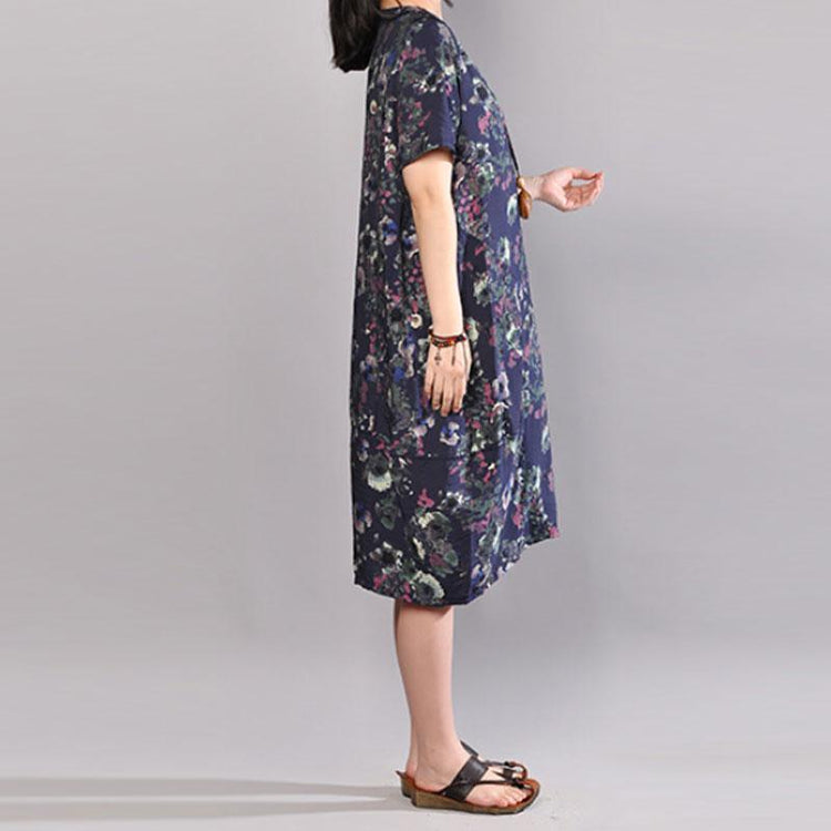 top quality cotton dress oversize Women Summer Short Sleeve Printed Round Neck Dress - Omychic