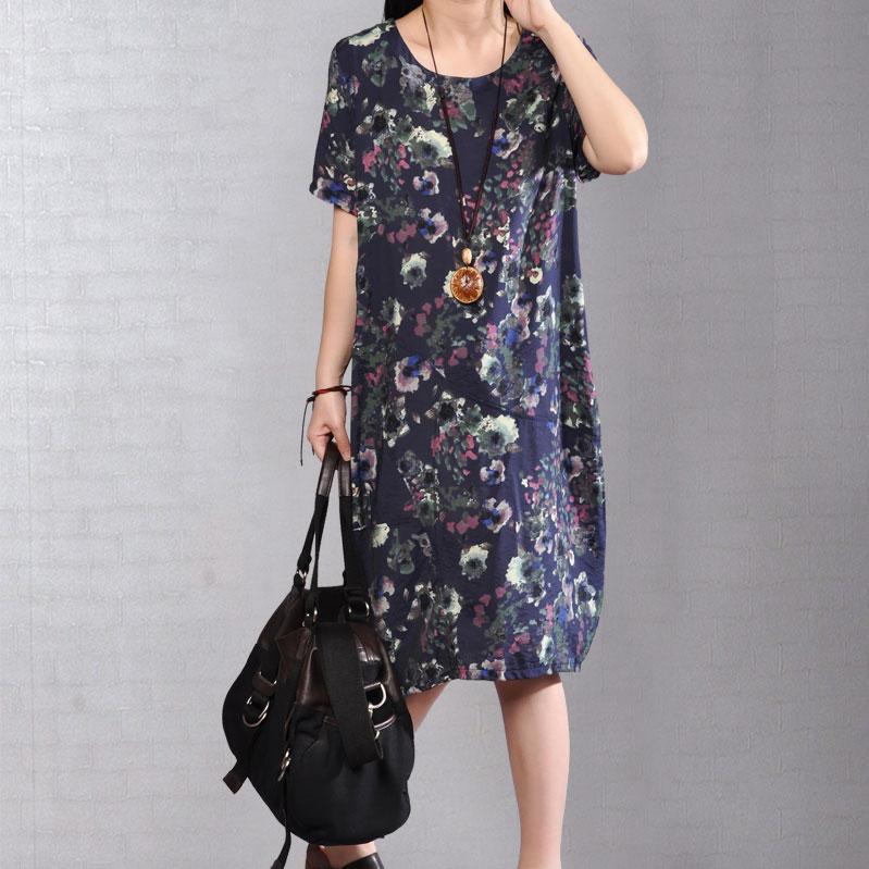 top quality cotton dress oversize Women Summer Short Sleeve Printed Round Neck Dress - Omychic