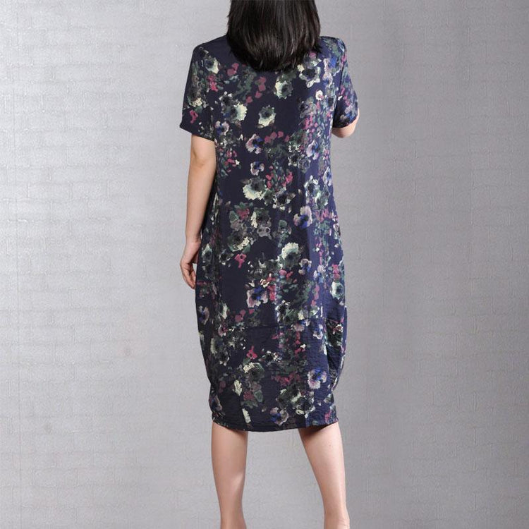 top quality cotton dress oversize Women Summer Short Sleeve Printed Round Neck Dress - Omychic