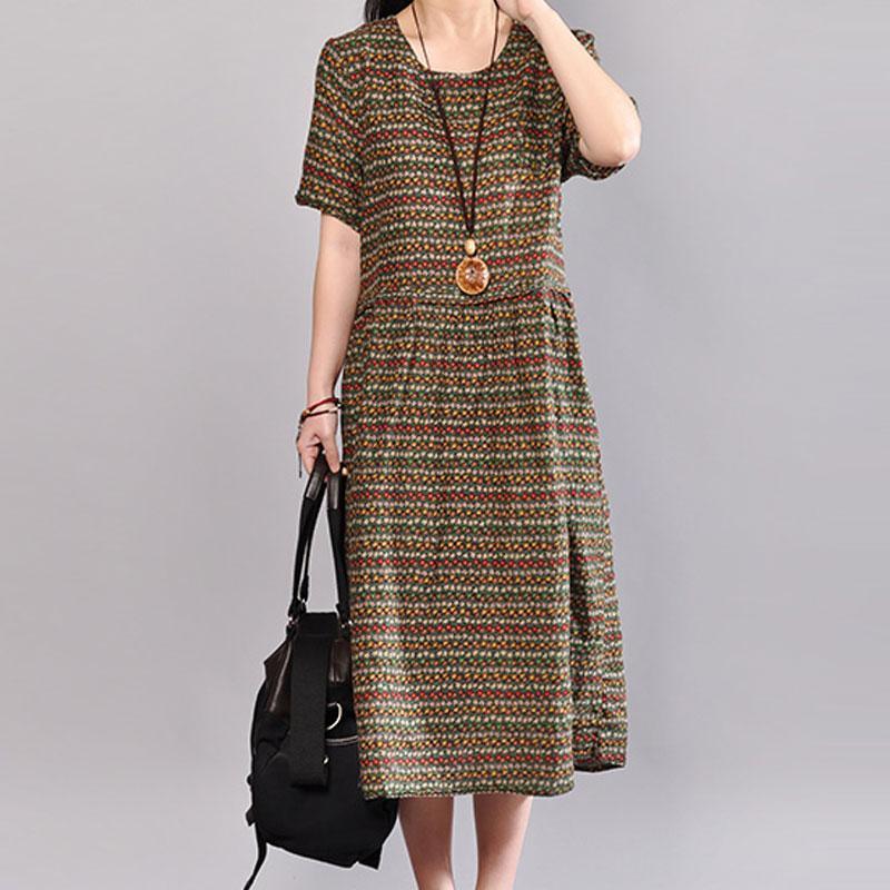 top quality cotton dresses oversize Women Retro Printed Cotton Short Sleeve Pullover Dress - Omychic