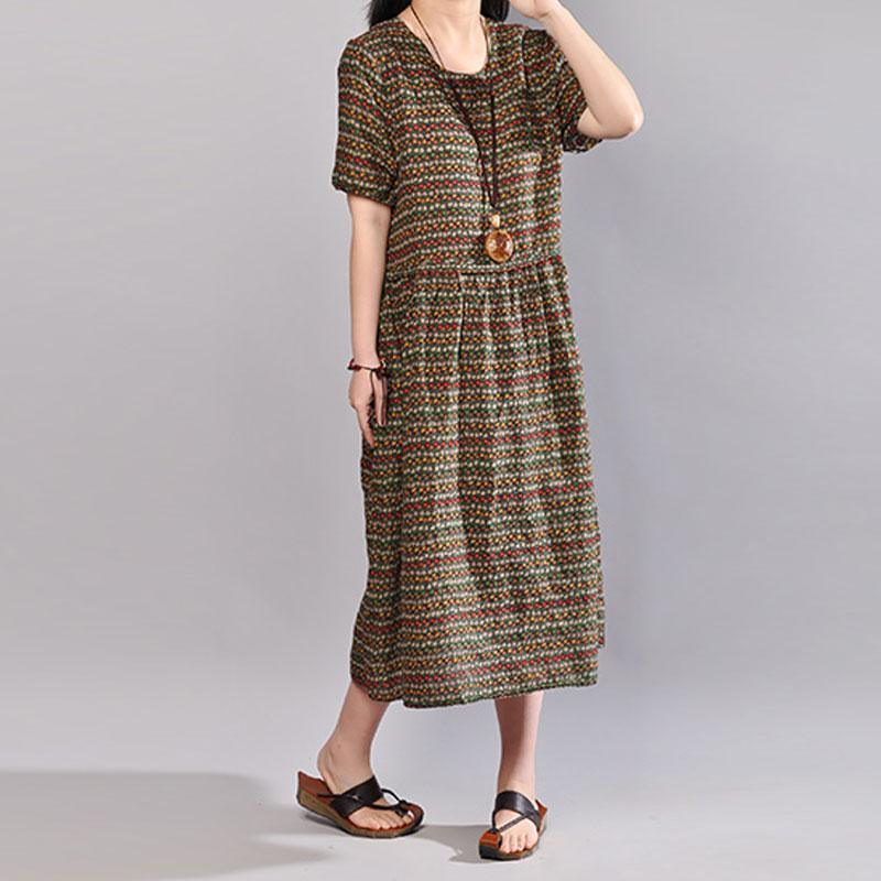 top quality cotton dresses oversize Women Retro Printed Cotton Short Sleeve Pullover Dress - Omychic