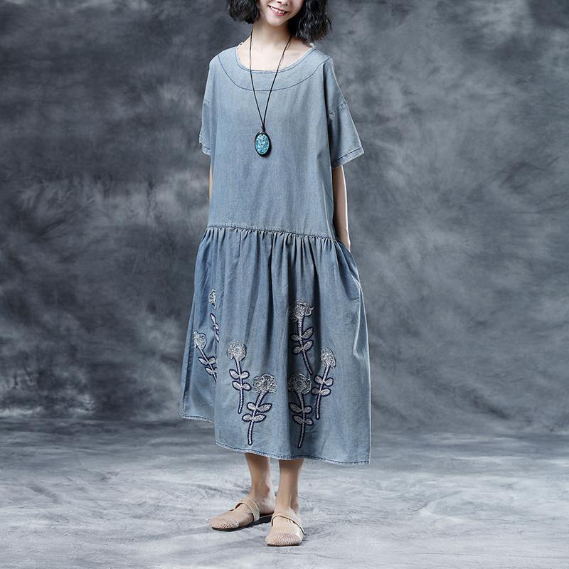 top quality cotton dresses plus size Casual Embroidery Loose Summer Short Sleeve Blue Women Dress - Omychic