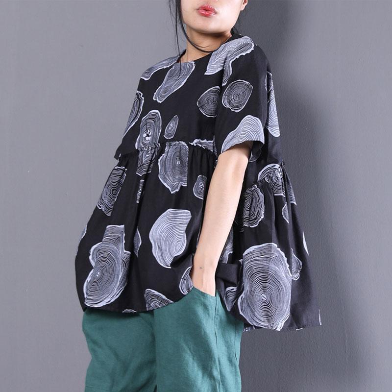 top quality cotton linen shirts trendy plus size Women Short Sleeve Printed Cotton Linen Black T-shirt - Omychic