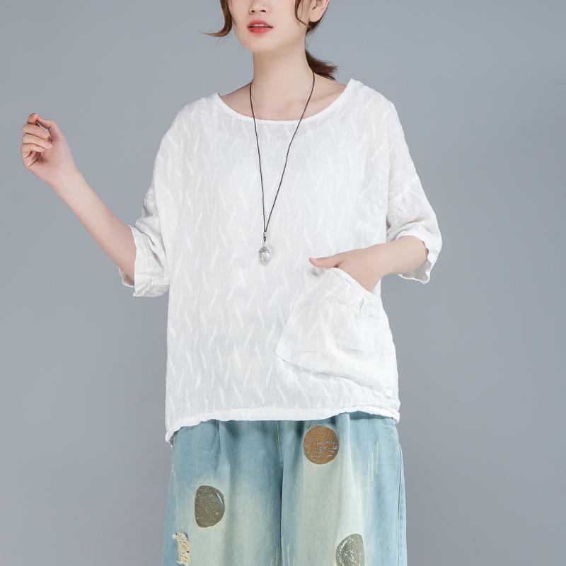 top quality cotton shirts oversize Women Plain White Cotton Linen 12 Sleeve Loose Tops - Omychic