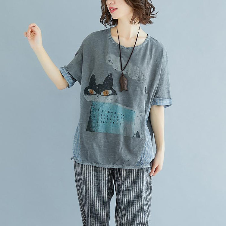 top quality cotton shirts plus size Summer Plaid Short Sleeve High-low Hem Gray Blouse - Omychic