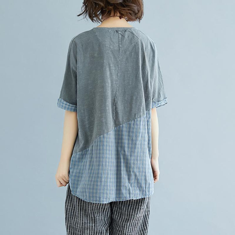 top quality cotton shirts plus size Summer Plaid Short Sleeve High-low Hem Gray Blouse - Omychic