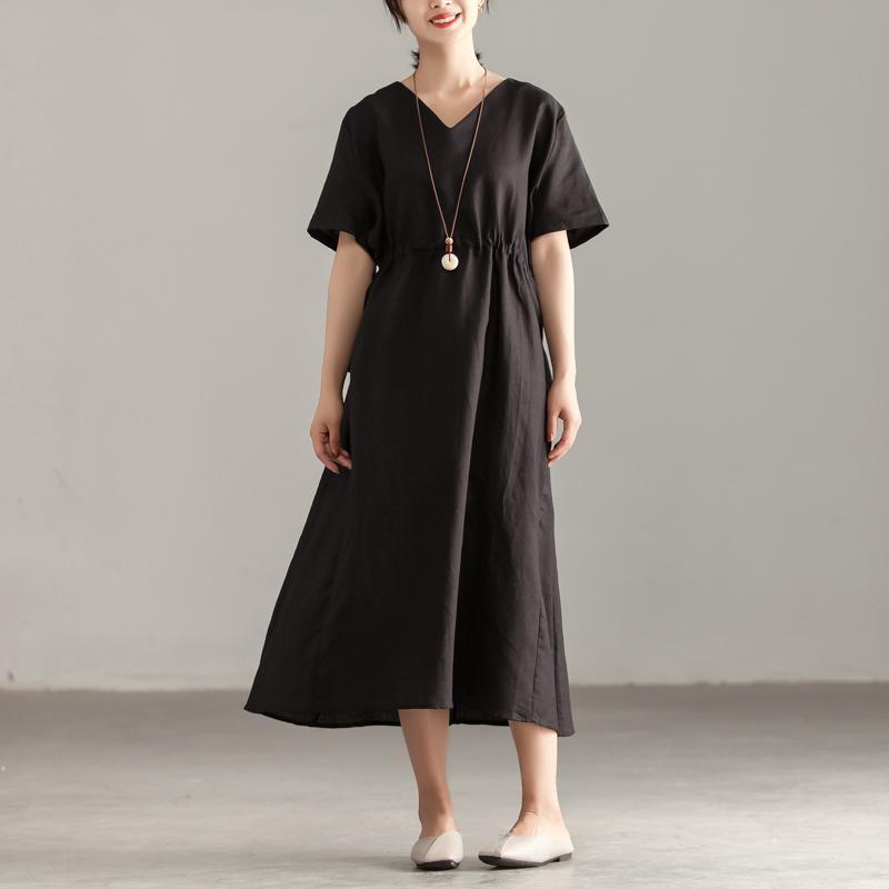 top quality cotton summer dress trendy plus size Women V Neck Short Sleeve Lacing Black Dress - Omychic
