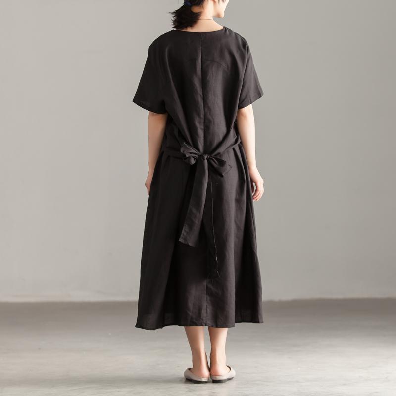 top quality cotton summer dress trendy plus size Women V Neck Short Sleeve Lacing Black Dress - Omychic