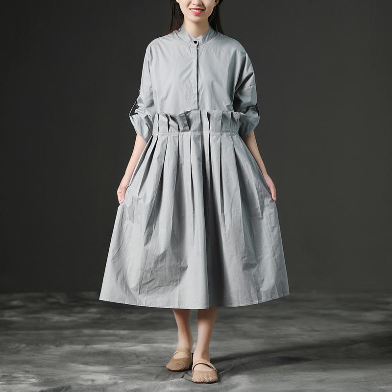 top quality cotton sundress trendy plus size Loose Gray Long Cotton Summer Pleaded Dress - Omychic