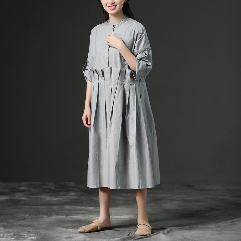 top quality cotton sundress trendy plus size Loose Gray Long Cotton Summer Pleaded Dress - Omychic