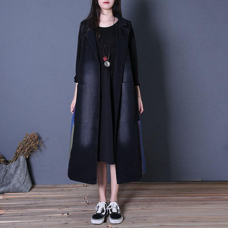 top quality denim black coats oversize long coats fall outwear Notched sleeveless - Omychic