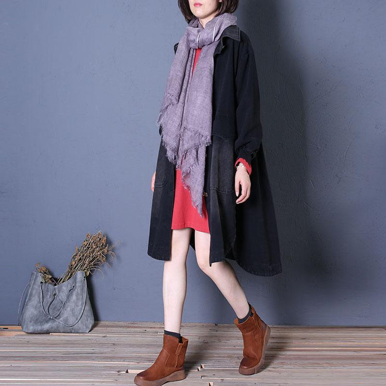 top quality denim black overcoat Loose fitting mid-length coats fall lapel Large pockets - Omychic